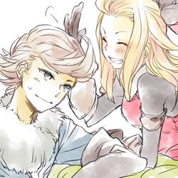  1boy blonde_hair blush bravely_default:_flying_fairy bravely_default_(series) closed_eyes commentary_request edea_lee female gloves grin hair_ribbon headpat long_hair lowres ribbon ringabel short_hair smile wakaya_hana 