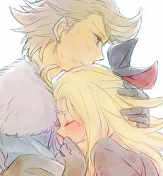  1boy blonde_hair bravely_default:_flying_fairy bravely_default_(series) commentary_request couple edea_lee female gloves hair_ribbon hand_on_another&#039;s_head hug long_hair profile ribbon ringabel short_hair straight tears wakaya_hana 