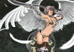  101_(lo10) angel angel_wings armor bikini_armor brown_eyes commentary_request cross-laced_footwear fantasy feathered_wings feathers female foreshortening gauntlets grey_hair highres long_hair navel original parted_lips solo sword weapon wings 