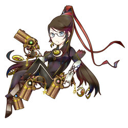  bayonetta bayonetta_(character) beehive_hairdo bodysuit female glasses gun jewelry mole pendant quadruple_wielding ribbon shinno shinno?simple_background simple_background weapon 