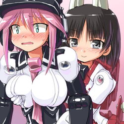  2girls aqua_eyes asuka_(busou_shinki) bad_id bad_pixiv_id between_breasts black_hair breasts busou_shinki dd_(ijigendd) doll_joints grabbing grabbing_another&#039;s_breast grey_eyes joints long_hair multiple_girls murmeltier pink_hair short_hair 