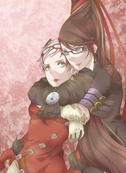  2girls bayonetta bayonetta_(character) beehive_hairdo black_hair eyeshadow glasses glasses_on_head hug hug_from_behind jeanne_(bayonetta) lipstick long_hair makeup mole multiple_girls pendant shinno short_hair silver_hair yuri 