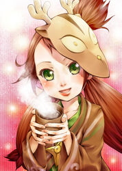  :d blush brown_hair commentary_request cup female green_eyes hot_chocolate japanese_clothes kai_(ookami) lips long_hair mask minimaru okami open_mouth smile solo steam 