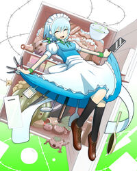  :d apron bad_id bad_pixiv_id banned_artist barbed_wire blue_hair body_parts bow brown_footwear butcher_knife carrot cheese_grater cleaver commentary_request dress dress_lift eyeball food freezer fruit frying_pan grater green_bow green_ribbons hairbow half-closed_eyes highres horror_(theme) izayoi_sakuya knife ladle maid maid_headdress neck_ribbon okahi open_mouth ribbon shoes short_hair silver_hair smile solo spatula strawberry tomato touhou waist_apron watermelon 