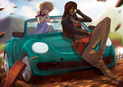  2girls bad_deviantart_id bad_id blonde_hair breasts brown_hair car cellphone cleavage dark-skinned_female dark_skin dress earrings hatchin_morenos jacket jewelry leather leather_jacket lips long_hair medium_breasts michiko_malandro michiko_to_hacchin motor_vehicle multiple_girls necklace on_vehicle panties pantyshot pearl_necklace phone red_dress short_dress short_hair sitting strap_slip sunglasses tinted_eyewear tovio_rogers underwear vehicle_focus volkswagen volkswagen_beetle 