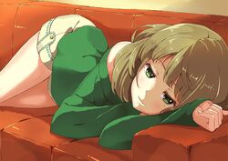  bare_shoulders blue_eyes brown_hair commentary_request couch female green_eyes idolmaster idolmaster_cinderella_girls looking_at_viewer lying mole mole_under_eye no_legwear on_side ponishi. short_hair smile solo takagaki_kaede 