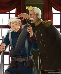  2boys animal animal_on_head axis_powers_hetalia bayonet bird blonde_hair blue_eyes brown_eyes civilization_(series) civilization_v commentary cross crossover english_commentary facial_hair german_empire germany gilbird gun hat helmet holding holding_gun holding_weapon iron_cross male_focus manly military military_uniform moustache multiple_boys musket on_head otto_von_bismarck prussia_(hetalia) sherry_lai uniform weapon white_hair 