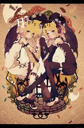  1boy arm_warmers armwarmers blonde_hair blue_eyes bone bones candy cobblestone female garter_straps halloween happy_halloween headphones high_heels highres kagamine_len kagamine_rin mushroom pixiv_manga_sample pumpkin resized romper romper_suit shoes shorts sleeves_past_wrist sleeves_past_wrists souno_kazuki thighhighs vocaloid wings 