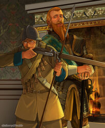  2boys aiming axis_powers_hetalia bandolier beard blonde_hair blue_eyes brown_hair civilization_(series) civilization_v commentary crossover english_commentary facial_hair fireplace glasses gun gustavus_adolphus helmet holding holding_gun holding_polearm holding_weapon male_focus manly military military_uniform multiple_boys musket photoshop_(medium) polearm sherry_lai spear sweden sweden_(hetalia) sword uniform weapon 