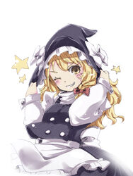  ;) blush bow commentary_request female grin hairbow hat hat_bow hat_tug kirisame_marisa long_hair mayuge_inu one_eye_closed smile solo star_(symbol) touhou white_bow witch_hat yellow_eyes 