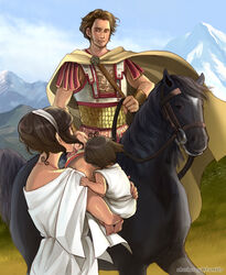  2boys alexander_the_great ancient_greece_(hetalia) ancient_greek_clothes animal armor axis_powers_hetalia bucephalus_(fate) cape civilization_(series) civilization_v cloud commentary crossover day english_commentary female greco-roman_clothes greece greece_(hetalia) horse horseback_riding linothorax manly mountain multiple_boys riding scale_armor sherry_lai sky 