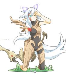  alien armor battleborn bow_(weapon) cat_ears elf female green_eyes long_hair pointy_ears thorn_(battleborn) white_hair wink ziro_(daydozen) 