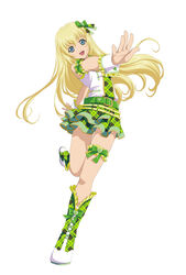  absurdres arm_garter blonde_hair blue_eyes boots bow bridal_garter colette_brunel cosplay female frilled_legwear green_bow green_footwear green_skirt hair_ornament hairbow highres hoshii_miki hoshii_miki_(cosplay) idol idolmaster idolmaster_(classic) long_hair looking_at_viewer official_alternate_costume official_art official_cosplay open_mouth outstretched_arm photoshop_(medium) plaid plaid_skirt simple_background skirt sleeveless smile solo tales_of_(series) tales_of_link tales_of_symphonia white_background wrist_cuffs 