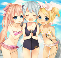  3girls :d ^_^ aged_down bandeau between_legs bikini bikini_skirt bikini_tan blonde_hair blue_eyes bow bow_bikini breasts cable cleavage closed_eyes cloud commentary_request competition_school_swimsuit cowboy_shot day flat_chest hair_ornament hair_ribbon hairclip hand_on_another&#039;s_shoulder hands_on_another&#039;s_shoulders happy hatsune_miku high_ponytail holding kagamine_rin long_hair looking_at_viewer mata megurine_luka microphone multiple_girls music navel one-piece_swimsuit open_mouth outdoors pink_hair plaid plaid_bikini polka_dot polka_dot_bikini polka_dot_swimsuit ponytail project_diva project_diva_(series) project_diva_2nd ribbon school_swimsuit short_hair short_twintails singing sky small_breasts smile swept_bangs swimsuit swimwear_(module) swimwear_p_(module) swimwear_s_(module) tan tanlines twintails very_long_hair vocaloid white_hair 