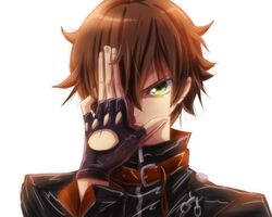  &gt;:( 1boy black_gloves brown_hair chains chuunibyou_demo_koi_ga_shitai! code_geass commentary_request covering_one_eye dark_flame_master fingerless_gloves frown fukuyama_jun gloves green_eyes highres lelouch_vi_britannia male_focus messy_hair parody rpg-exen serious simple_background solo togashi_yuuta v-shaped_eyebrows voice_actor_connection white_background 