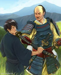  2boys armor axis_powers_hetalia black_eyes black_hair civilization_(series) civilization_v commentary crossover dou facial_hair japan_(hetalia) japanese_armor japanese_clothes katana male_focus manly mountain moustache multiple_boys oda_nobunaga_(civilization) samurai sherry_lai sword weapon 