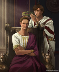  2boys ahoge augustus axis_powers_hetalia brown_eyes brown_hair civilization_(series) civilization_v commentary crossed_arms crossover english_commentary greco-roman_clothes laurel_crown looking_away male_focus manly multiple_boys olive_wreath putting_on_headwear robe roman_clothes roman_empire rome_(hetalia) sherry_lai throne 