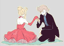  1boy blonde_hair bravely_default:_flying_fairy bravely_default_(series) choker closed_eyes commentary_request couple dress edea_lee elbow_gloves female formal from_behind gloves gown hair_bun holding_hands kneeling long_hair necktie ringabel short_hair single_hair_bun straight suit wakaya_hana 