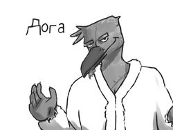  4:3 anthro avian avoid_posting beak bird clothed clothing doga_(rml) facial_hair greyscale looking_at_viewer male monochrome rml robe simple_background solo text white_background 