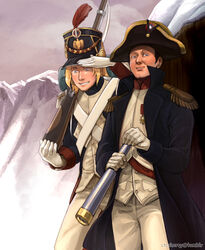  2boys axis_powers_hetalia bicorne blonde_hair blue_eyes civilization_(series) civilization_v commentary crossover english_commentary france_(hetalia) gun hat holding holding_gun holding_weapon looking_at_viewer male_focus manly military military_uniform multiple_boys musket napoleon_bonaparte shako_cap sherry_lai snow soldier telescope uniform weapon 