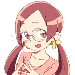  :d blush commentary_request female flying_sweatdrops glasses hair_ornament hanasaki_tsubomi heartcatch_precure! long_hair open_mouth pink_eyes pink_hair precure rimless_eyewear smile solo steepled_fingers takken_(kupipo) twintails 