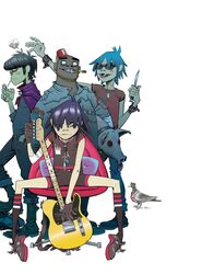  3boys absurdres artist_request female food gorillaz highres homepage multiple_boys murdoc_niccals noodle noodle_(gorillaz) noodles pigeon russel_hobbs simple_background smile stuart_pot white_background 