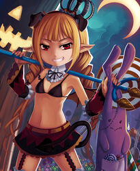  animal_ears bare_shoulders belt black_bra blonde_hair blush bra candy commentary_request crown detached_sleeves female food futaba_anzu garter_straps grin halloween highres idolmaster idolmaster_cinderella_girls jack-o&#039;-lantern long_hair majicjiang midriff navel over_shoulder photoshop_(medium) pointy_ears polearm red_eyes smile solo stuffed_animal stuffed_rabbit stuffed_toy tail thighhighs trident twintails underwear very_long_hair weapon weapon_over_shoulder 