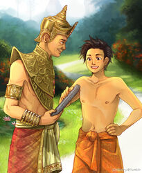  2boys aged_down axis_powers_hetalia brown_eyes brown_hair civilization_(series) civilization_v commentary crossover english_commentary hat holding male_focus manly multiple_boys navel nipples ramkhamhaeng_the_great sherry_lai thailand thailand_(hetalia) topless_male wrist_cuffs 