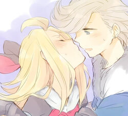  1boy blonde_hair blush bravely_default:_flying_fairy bravely_default_(series) closed_eyes commentary_request couple edea_lee female hair_ribbon imminent_kiss long_hair open_mouth ribbon ringabel short_hair straight wakaya_hana 