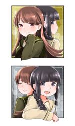  2girls back-to-back black_eyes black_hair braid brown_eyes brown_hair commentary_request fourth_wall highres kantai_collection kitakami_(kancolle) looking_at_viewer mochisaka_mitsuki multiple_girls ooi_(kancolle) open_mouth remodel_(kantai_collection) single_braid smile 