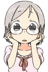  adjusting_eyewear blush commentary_request female glasses grey_eyes grey_hair hands_on_own_cheeks hands_on_own_face ichigo_mashimaro open_mouth sakuragi_matsuri short_hair solo takken_(kupipo) 