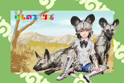  :3 african_wild_dog african_wild_dog_(kemono_friends) african_wild_dog_print animal_ears baten_(gei-vorugu) black_bow black_bowtie black_hair blue_sky boots bow bowtie breast_pocket brown_eyes cloud commentary_request copyright_name creature_and_personification cross-laced_footwear day dog_ears dog_tail female grass grey_hair hand_on_own_knee highres japari_symbol kemono_friends knee_boots looking_at_viewer mountain multicolored_clothes multicolored_hair multicolored_legwear outdoors pantyhose pantyhose_under_shorts pocket print_pantyhose savannah shirt short_hair short_shorts shorts sitting sky solo spread_legs tail tree v-shaped_eyebrows white_footwear white_shirt 