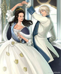  1boy axis_powers_hetalia black_hair blonde_hair blue_eyes breasts catherine_the_great civilization_(series) civilization_v cleavage commentary_request crossover crown dancing dress female formal large_breasts photoshop_(medium) russia_(hetalia) sherry_lai 