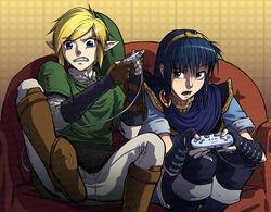  2boys blonde_hair blue_eyes blue_hair clenched_teeth commentary controller couch english_commentary fire_emblem game_controller gloves hairband hat link louten marth_(fire_emblem) multiple_boys open_mouth photoshop_(medium) playing_games pointy_ears sitting super_smash_bros. teeth the_legend_of_zelda watermark 