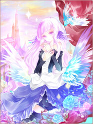  bad_id bad_pixiv_id bird blue_flower blue_rose castle commentary_request curtains detached_sleeves female flower gwendolyn_(odin_sphere) hair_down hair_ornament holding_own_wrist jewelry long_hair no_nose odin_sphere pink_theme ring rose sky solo souka_(souspirit) white_hair wings 