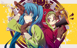  2girls back-to-back blue_eyes blue_hair commentary_request crazy_eyes gloves green_hair gumi hand_on_own_face hatsune_miku headphones highres hood hoodie lip_piercing long_hair matryoshka_(vocaloid) megaphone multiple_girls open_mouth piercing red_eyes sena_(mineruba) short_hair smile twintails very_long_hair vocaloid 