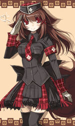  animal_ears bad_id bad_pixiv_id blush brown_hair endou_chihiro female garrison_cap gloves hat healer_u_(armor) long_hair military military_uniform monster_hunter_(character) monster_hunter_(series) necktie nurse original red_eyes skirt smile solo tail thighhighs uniform white_gloves zettai_ryouiki 