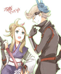  1boy arm_guards blonde_hair bravely_default:_flying_fairy bravely_default_(series) collar_tug commentary_request edea_lee female hair_ribbon hand_on_own_hip japanese_clothes kimono long_hair mask obi oni_mask open_mouth ribbon ringabel sash short_hair short_sword smile sword wakaya_hana weapon 