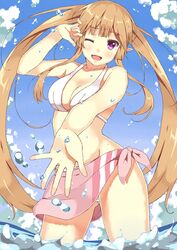  ;d alternate_costume bikini breasts brown_hair commentary_request elf female highres large_breasts long_hair myucel_foalan one_eye_closed open_mouth outbreak_company outdoors pointy_ears ponishi. purple_eyes smile solo swimsuit twintails very_long_hair wading water 