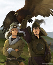  2boys armor axis_powers_hetalia bird bird_request bow_(weapon) bow_scabbard civilization_(series) civilization_v commentary crossover dagger eagle english_commentary genghis_khan helmet knife leather_armor male_focus manly mirror_armor mongolia mongolia_(hetalia) multiple_boys sheath sheathed sherry_lai weapon 