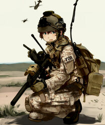  aircraft american_flag backpack bad_id bad_pixiv_id bag boots brown_hair bulletproof_vest camouflage carabiner desert_camouflage eotech female gloves green_eyes gun h&amp;k_mp7 heckler_&amp;_koch helicopter helmet insignia laser_sight load_bearing_vest military military_operator open_mouth original pouch push-to-talk_device radio radio_antenna radio_transceiver shibafu_(glock23) short_hair solo submachine_gun suppressor weapon 