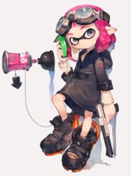  ankle_boots bike_shorts black_dress black_footwear blue_eyes blunt_bangs boots cellphone commentary_request dress female full_body goggles goggles_on_head holding holding_phone holding_weapon hooded_dress inkling inkling_girl inkling_player_character jacket long_sleeves looking_at_viewer n-zap_(splatoon) phone pink_hair pointy_ears simple_background smartphone solo splatoon_(series) suction_bomb_(splatoon) sweater tentacle_hair toridamono turtleneck turtleneck_sweater weapon white_background 