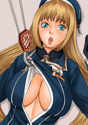  aqua_eyes assisted_exposure atago_(kancolle) beret black_gloves blonde_hair blush breasts commentary_request crane_(machine) female gloves hat hazard_stripes highres hook kantai_collection kutouten large_breasts long_hair looking_at_viewer military military_uniform no_bra open_mouth solo uniform upper_body 