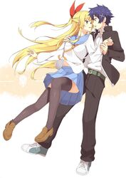  1boy black_legwear blonde_hair blue_eyes bonyari_high_school_uniform commentary_request female hair_ribbon ichijou_raku kirisaki_chitoge long_hair looking_at_another nisekoi open_mouth ponishi. ribbon school_uniform serafuku thighhighs very_long_hair 