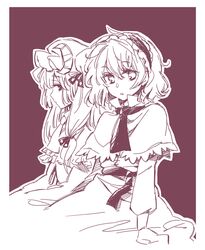  2girls alice_margatroid arata_iri hairband long_hair monochrome multiple_girls patchouli_knowledge profile purple_theme short_hair side-by-side sitting touhou 