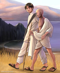  2boys axis_powers_hetalia bald black_eyes black_hair cane civilization_(series) civilization_v commentary crossover english_commentary glasses india_(hetalia) indian_clothes mahatma_gandhi male_focus multiple_boys round_eyewear sandals sherry_lai short_hair smile walking 