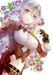  bad_id bad_pixiv_id belt closed_mouth dutch_angle female flower flower_knight_girl frills grey_hair long_hair looking_at_viewer name_connection navel object_namesake purple_eyes smile solo sweet_william_(flower_knight_girl) uehara_(higanbachi) uniform upper_body 