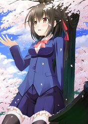  arm_up black_hair black_thighhighs blazer blush cherry_blossoms commentary_request female impossible_clothes jacket open_mouth original outdoors photoshop_(medium) school_uniform short_hair skirt solo thighhighs tree yoruda 