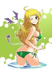  ahoge bad_id bad_pixiv_id bikini blonde_hair female from_behind green_bikini green_eyes hoshii_miki idolmaster idolmaster_(classic) kikoeru long_hair looking_back oerba_yun_fang one_eye_closed side-tie_bikini_bottom smile solo swimsuit wading wings 