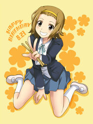  brown_eyes brown_hair commentary_request female grin hairband happy_birthday k-on! sakuragaoka_high_school_uniform school_uniform seven_(11) short_hair sitting smile solo tainaka_ritsu v wariza 